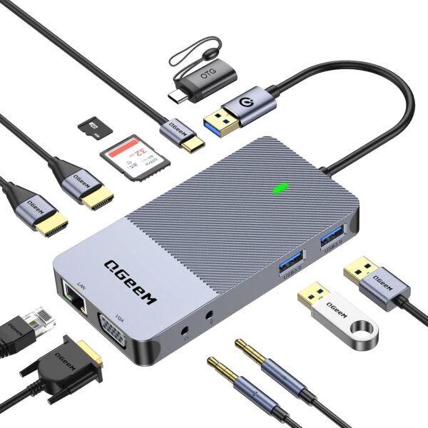 QGeeM USB 3.0 Laptop Docking Station, Triple Display USB Hub Hdmi Splitter Extender Dual Monitor,USB Dock with 2 HDMI, VGA, USB 3.0, Card Reder Compatible for MacBook M1 M2 M3 M4 Dell HP Lenovo Mac OS - Image 2
